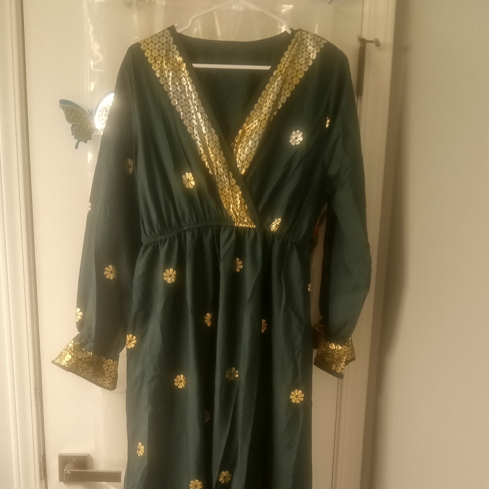 Full length midnight green Abaya Caftan Arabian maxi dress